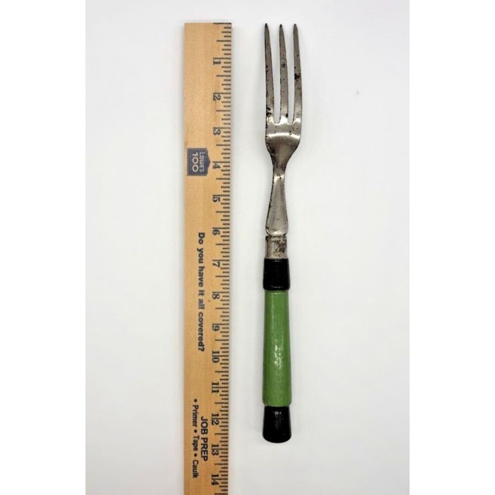 Vintage 12.5" 3 Tine Meat Serving Fork Green Wood Handle WBW Mark USA